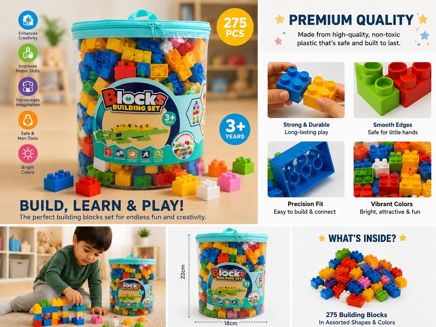 275 Pcs Building Blocks Set for Kids with Zipper Storage Bag - Image 3