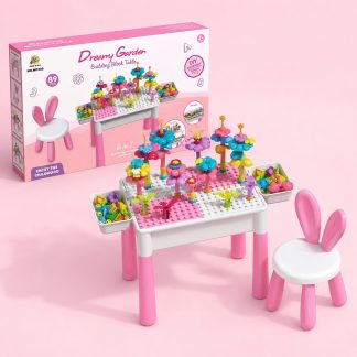Dream Garden Kids Table with Building Blocks, 89 Pieces, Multifunctional 6 in 1 with Rabbit Chair, Pink