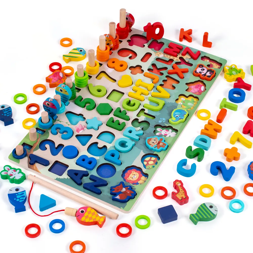 3-in-1 Wooden Alphabet, Animal & Fishing Puzzle Toy - Image 2